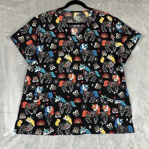 GT Performance Scrub V-Neck Top Women's 2X Black Day Of The Dead Unicorn Rainbow